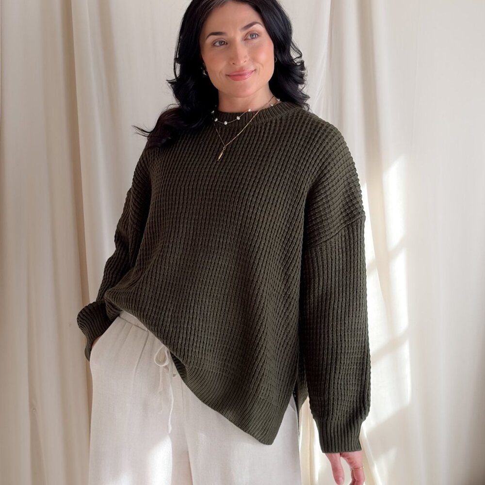 Olive Waffle Knit Relaxed Fit Sweater for Women